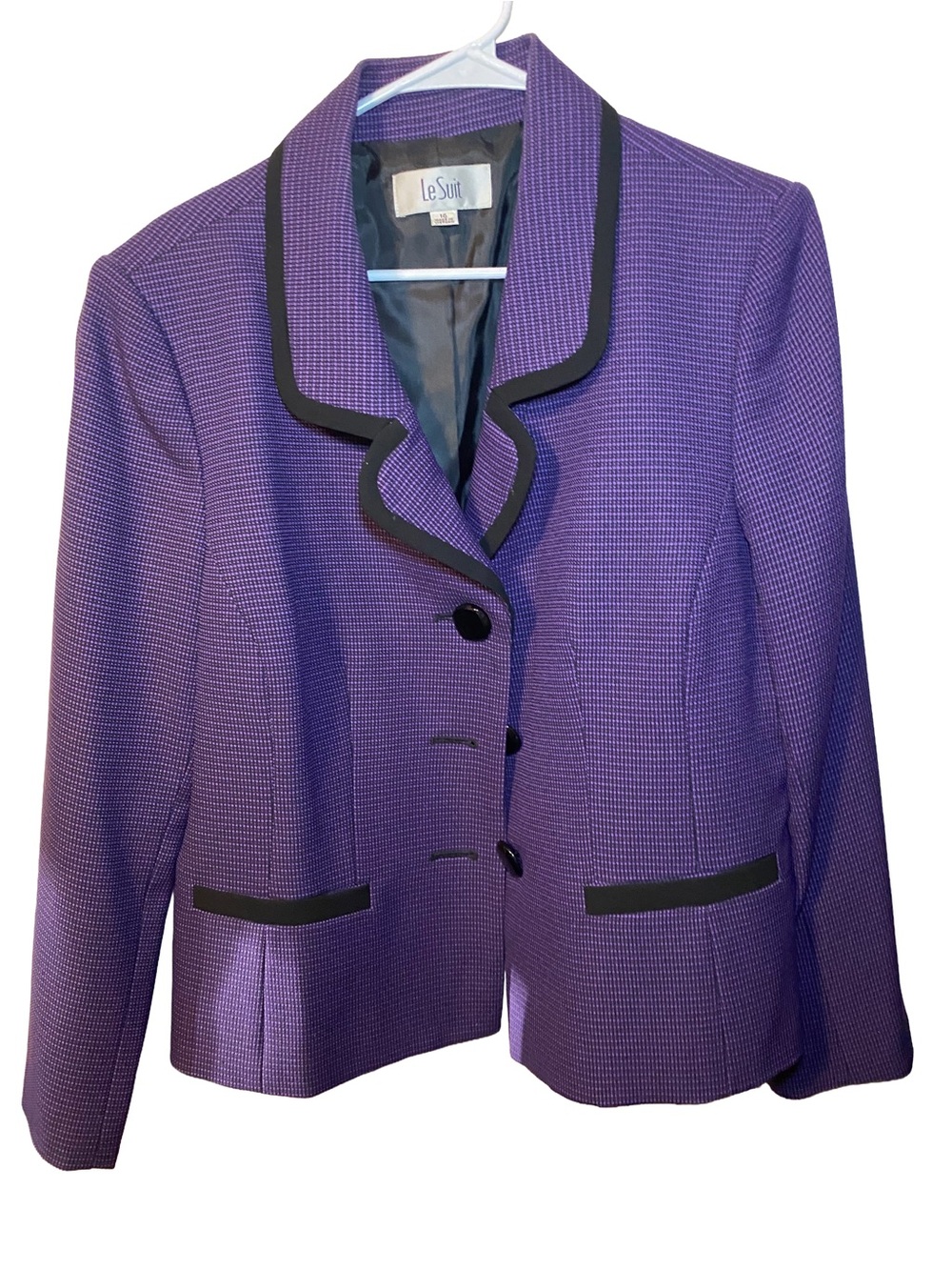 Le Suit Purple Houndstooth Black Trim Blazer Jacket Size 16 Professional Career